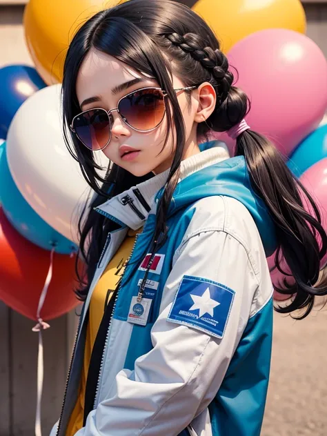 loli menina, bonita e fofa, wearing blue sunglasses, jaqueta amarela, moletom branco, lots of colorful balloons, babyface, corpo inteiro, cabelo vermelho e azul de duas cores, braided ponytail, olhos de detalhe perfeito, rosto delicado, CG perfeito, Qualid...