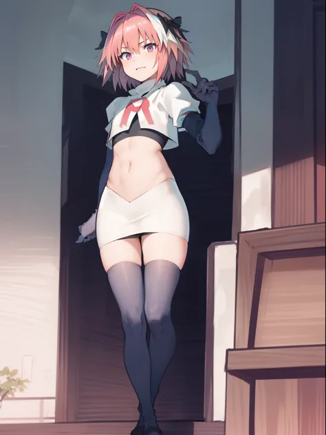 absurdres, masterpiece, best quality, (astolfo fate:1.2155), 1boy, male focus, trap, pink multicolored hair, pink hair, white hair, hair intakes, long hair, pink detailed eyes, crossdressing,1boy,team rocket,team rocket uniform,white skirt,crop top,black t...