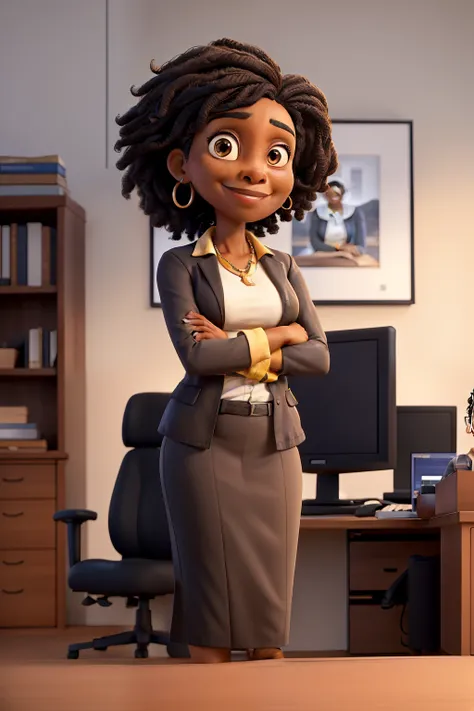 masterpiece, best quality ,Portrait of mid adult successful black mature woman looking at camera with arms crossed. Smiling african american business woman standing in new office .Portrait of mature woman.