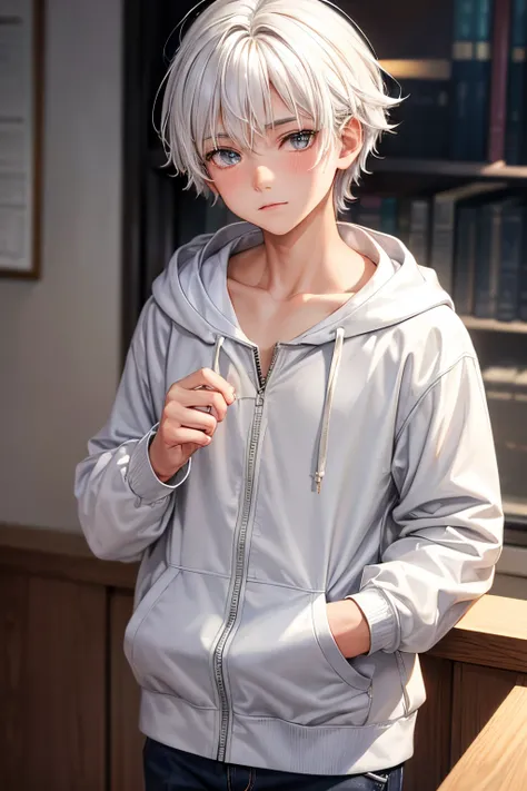 (a beautiful, detailed 10-year-old boy with white hair and a white hoodie jacket), (educational scene), (best quality:1.2), (vivid colors), (soft lighting)