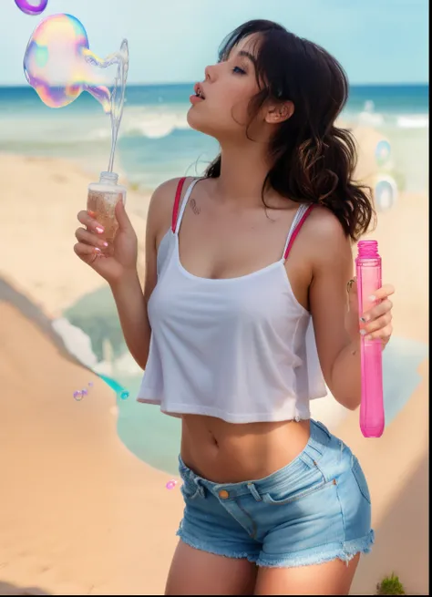 Beautiful sexy woman. White straps tshirt, denim shorts, blowing bubbles