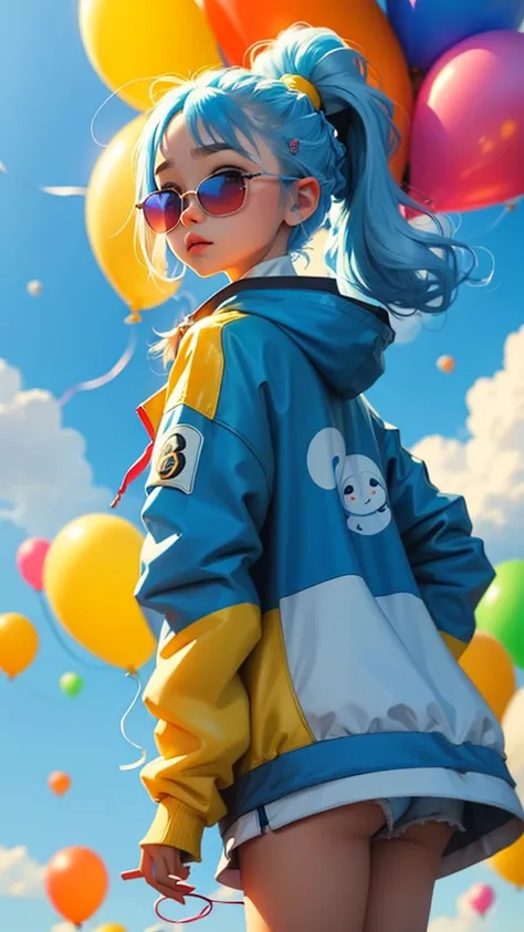 Loli girl, beautiful and cute, wearing blue sunglasses, yellow jacket, white sweatshirt, lots of colorful balloons, baby face, chibi style, red and blue two-color hair, ponytail braided hair, perfect detail eyes, delicate face, perfect CG, HD picture quali...