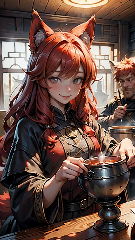 masterpiece,best quality,illustration,smile,
((Red-headed father and daughter with wolf ears)) , the wizard、(Dubious atmosphere: 1.5)、Stewing strange things in a cauldron