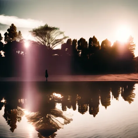 ( double exposure photography), There is a woman looking at the lake, double exposure effect, (double contact), (multiple exposure,) double exposure portrait, Inspired by Metzberg, reflecting, 35mm film double exposure!, reflections on the water, Lost in t...