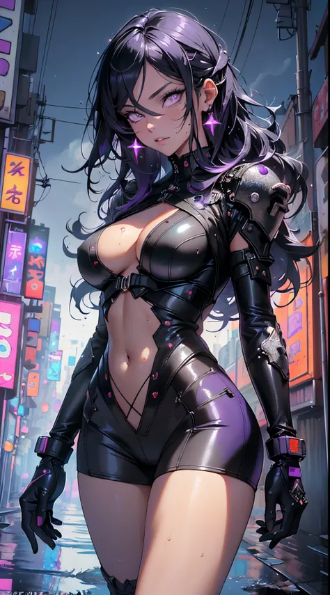 girl spacepunk,(1girl),((cute and beautiful black haired girl)),

(large breasts:1.4),saggy breasts,(((black wavy hair:1.35,absurdly long unkempt hair,messy hair,colored inner hair,ear breathing))),(((purple_eyes:1.3))),intricate eyes,beautiful detailed ey...