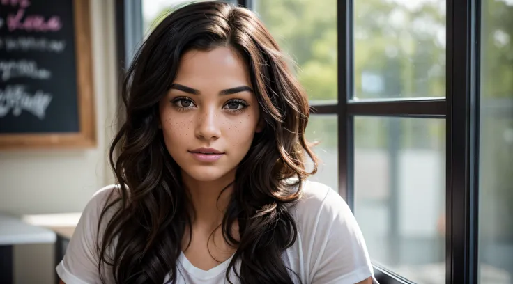 Image of a 30-year-old student, brunette, with short, black, curly hair. Her face displays a determined expression, with slightly furrowed eyebrows, indicating focus and commitment to her academic activities. A curious and concentrated gaze reflects in her...