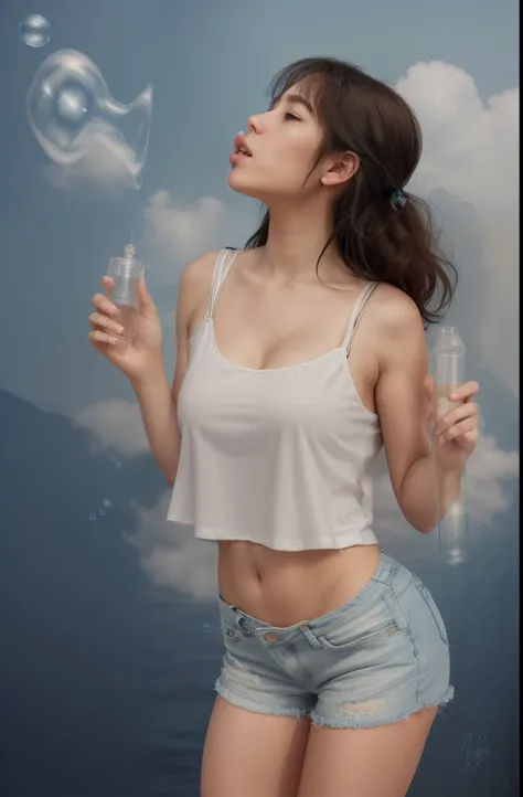 beautiful sexy woman. white straps tshirt, denim shorts, perfect round pointy breast.  blowing bubbles