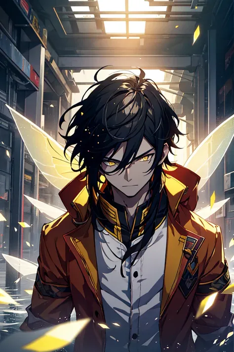 (Male) With black hair and yellow eyes, beautiful as a fairy,A melancholy expression that stirs affection,side face,floating hair,light particles,glare,vivid,fancy,dreamlike,a dim atomshpere, Red and Yellow Jacket.