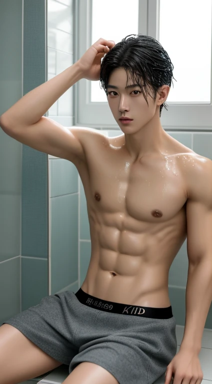 8k, Hd, Masterpiece, handsome, cute, handsome, sitting, in the bathroom, naked, bulge, shower, wet, muscular, abs, Korean boy, handsome guy, handsome, sharp eyes, sleepy eyes, Korean hair, middle parted hair