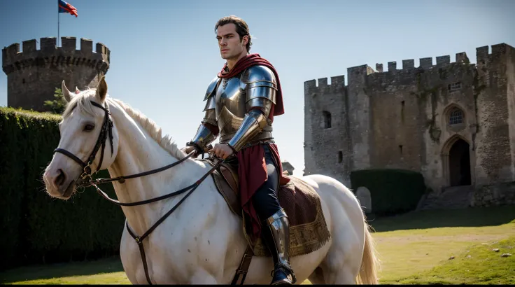 Henry Cavill as a Knight on a WHITE HORSE, DARK BODY ARMOUR, SWORD, ANGRY FACE EXPRESSION, MEDIEVAL CASTLE, FORREST, HISTORY, EPIC IMAGE, WIDE ANGLE-SHOT