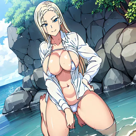 (masterpiece, best quality, high resolution, 1 girl, alone, queen kurashiki, outdoors, beach, smile, mouth closed, day, lying, kneeling, blonde hair, blue eyes, long hair, partial bangs, white micro bikini, (wet shirt), white shirt, briefs, medium breasts,...