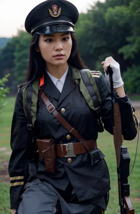 Very beautiful female soldier, Chinese characteristics, Highly detailed face, long black hair, military hat, Black military uniform, Belt with ammunition, Harnesses, carries a rifle, Highly detailed hands, Hands with black gloves, is in a Chinese military ...