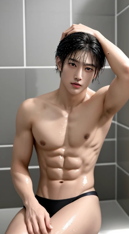 8k, Hd, Masterpiece, handsome, cute, handsome, sitting, in the bathroom, naked, bulge, shower, wet, muscular, abs, Korean boy, handsome guy, handsome, sharp eyes, sleepy eyes, Korean hair, middle parted hair, wearing nothing