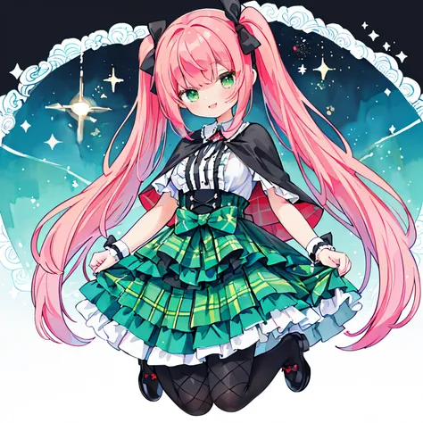 (PastelColors:1.3)、(Cute illustration:1.3)、(watercolor paiting:1.1)、(Gothic lolita:1.4), (Open Short Cape:1.2), ((bow ribbon, frilld):1.3), (Green tartan plaid:1.3), ((White collar, tie):1.3), (Short sleeve:1.2), ((frills skirt, Multi-layer skirt):1.3), (f...