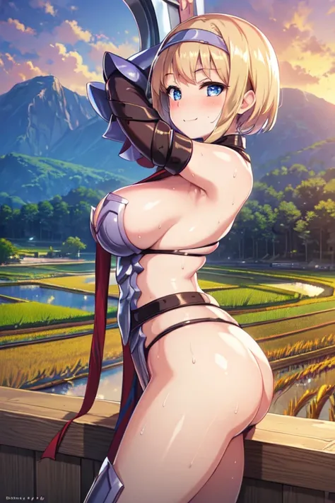 LeinaQuiron woman, 1girl, solo, breasts, blush, blue eyes, blonde hair, large breasts, cleavage, braid, hairband, armor, twin braids, side braid, short hair with long locks, buckle, shield BREAK (masterpiece, best quality:1.3), 4k, ultra-detailed, trending...