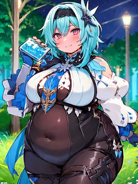 fat eula, 1girl, blue hair, short hair, black thighhighs, thick thighs, fat body, hairband, bangs, symmetry eyes, forest, drinking beer, night, detailed face, medium breasts, (looking at viewer:1.2), black kneehighs, pantyhose, smooth chin, (ulzzang-6500:0...