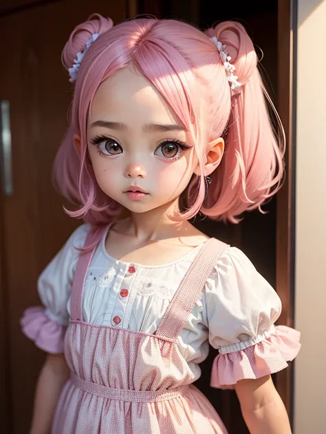 loli menina loira, bonita e fofa, usando touca e roupas leves, babyface, Estilo Chibi, cabelos bicolores, coque desarrumado, rosa claro, olhos de detalhe perfeito, rosto delicado, CG perfeito, Qualidade de imagem HD, fundo simples