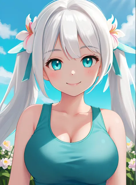 masterpiece, (best quality:1.4), detailed, girl, (solo), (white hair:1.2), (medium twintail hair:1.3), (sidelocks:1.1), (bangs:1.1), (large breast:1.3), hair ornament, (aqua eyes:1.2), (smile:1.2), flower on head, upper body, (tank top:1.0), (hot tank top:...