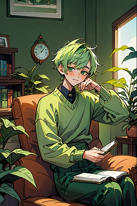 kpop boy, sage green hair, in green cute sweater outfit, sit near plant, inside living room, chill lofi, pretty, formal professional sit pose, happy, reading books