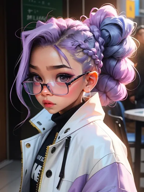 loli menina, bonita e fofa, wearing prescription glasses, jaqueta amarela, moletom branco, babyface, Estilo Chibi, bicolored lilac and blue hair, braided ponytail, olhos de detalhe perfeito, rosto delicado, CG perfeito, Qualidade de imagem HD, fundo simple...