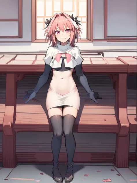 absurdres, masterpiece, best quality, (astolfo fate:1.2155), 1boy, male focus, trap, pink multicolored hair, pink hair, white hair, hair intakes, long hair, pink detailed eyes, crossdressing,1boy,team rocket,team rocket uniform,white skirt,crop top,black t...