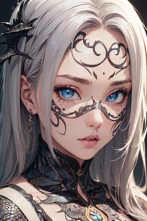 (((master piece))), ((1girl 18 years old)), (((skin like dragon scales))), (((full body))), (((beautiful face))), (((beautiful body))), ((beautiful eyes)), ((perfect)), (((hyper detailed skin))), (((hyper detailed face))), white hair, (stylized), (vivid to...