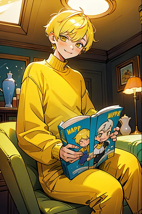 kpop boy, buttercup yellow hair, in yellow cute sweater outfit, sit near lamp, inside living room, chill lofi, pretty, Slouching sit pose, happy, smile, reading magazine