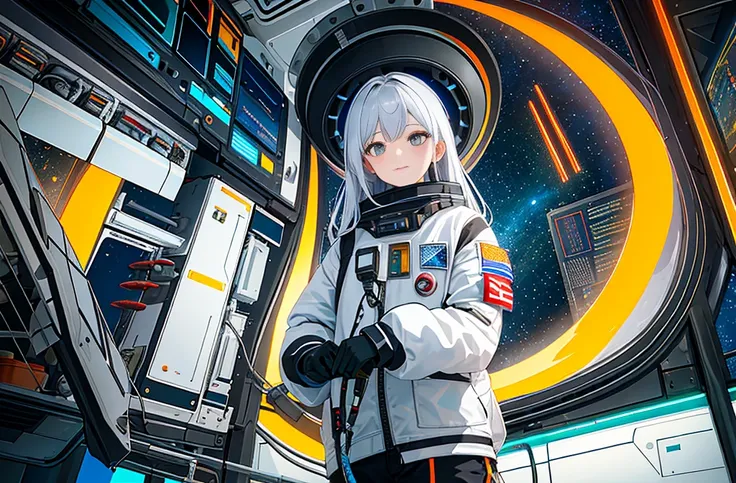 (Masterpiece, Top Quality, Best Quality, Extreme Detail, Supreme Detail, Official Art, Beauty and Aesthetics: 1.2), Colorful, Cowboy Shot, Beautiful Face, Solo, Perfect Body, Beautiful Eyes, 1 Girl, In Space, Spacecraft, Spacesuit, Indoor, (Wire and Cable:...