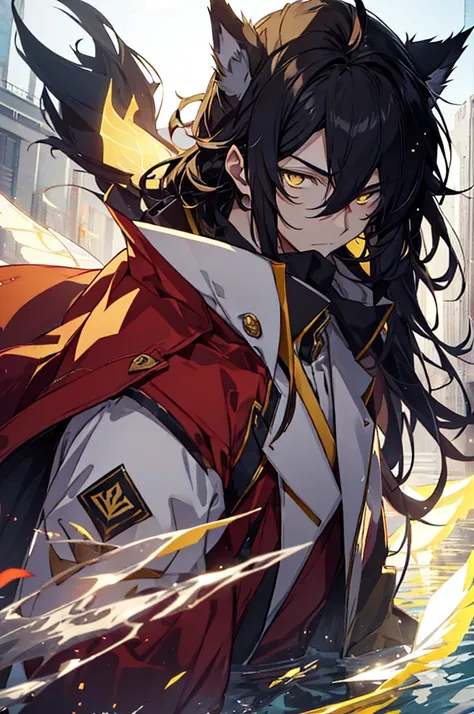 (Male) Wolf ears, With black hair and yellow eyes, beautiful as a fairy,A melancholy expression that stirs affection,side face,floating hair,light particles,glare,vivid,fancy,dreamlike,a dim atomshpere, Red and Yellow Jacket.