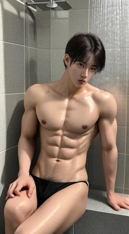 8k, Hd, Masterpiece, handsome, cute, handsome, sitting, in the bathroom, shower, wet, muscular, abs, Korean boy, handsome guy, handsome, sharp eyes, sleepy eyes, Korean hair, middle parted hair, fully naked, erected penis