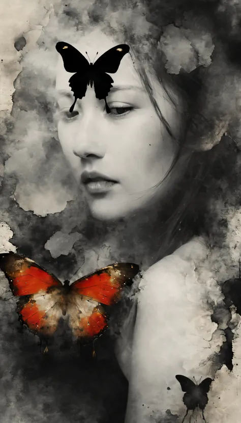 (double contact:1.5),(Girl and butterfly silhouette effect:1.1),(Double exposure of girl fused with butterfly:1.5),simplebackground,(Alone),( Ink painting and watercolor),drippy,tmasterpiece,Best quality at best,Superimposed on dark forest sky, Oil and ink...