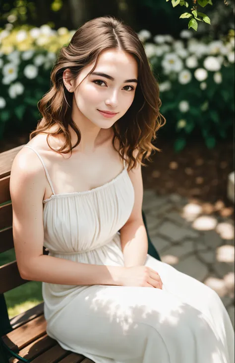 Ultra-sharp portrait of a young woman sitting on a stone bench in a garden, natural afternoon front lighting softly illuminates her pale complexion and highlights warm tones in her wavy brown hair, her lips curled up in a gentle shy smile not fully reveali...