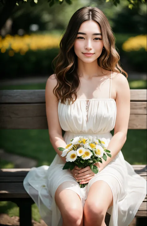 Ultra-sharp portrait of a young woman sitting on a stone bench in a garden, natural afternoon front lighting softly illuminates her pale complexion and highlights warm tones in her wavy brown hair, her lips curled up in a gentle shy smile not fully reveali...