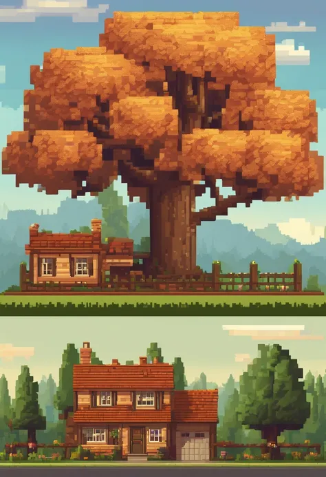 pixel art of a house with a tree in front of it, beautiful detailed pixel art, detailed pixel art, lo-fi retro videogame, concept pixelart, detailed pixel artwork, pixel art style, pixel town, pixel art animation, high quality pixel art, cottage town, supe...