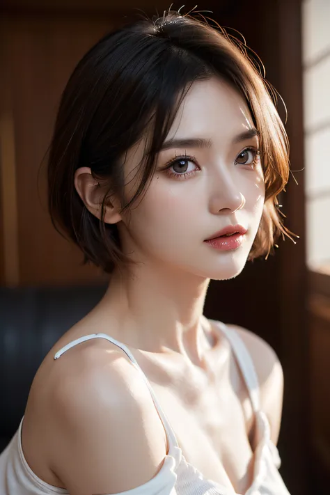 Skin Tight Black Top:1.2, Looking at Viewer, Cinematic lighting, Perfect, softlight, High resolution skin:1.2, Realistic skin texture,30 years old mature woman、 Realistic face, off shoulders, Exposed cleavage,natural make up、 Detailed red eyes、 Short hair,...