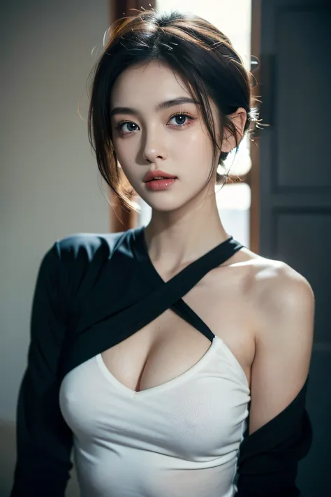 Skin Tight Black Top:1.2, Looking at Viewer, Cinematic lighting, Perfect, softlight, High resolution skin:1.2, Realistic skin texture, Realistic face, off shoulders, Exposed cleavage, Blue eyes, Short hair, dark brown  hair、Small face、Bust B Cup、