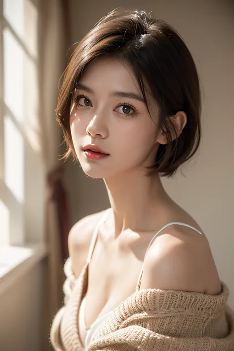 30 years old mature woman、Small face、Skin Tight Black Top:1.2, Looking at Viewer, Cinematic lighting, Perfect, softlight, High resolution skin:1.2, Realistic skin texture, Realistic face, off shoulders,Bust B Cup、 Exposed cleavage, Red Eyes, Short hair, da...