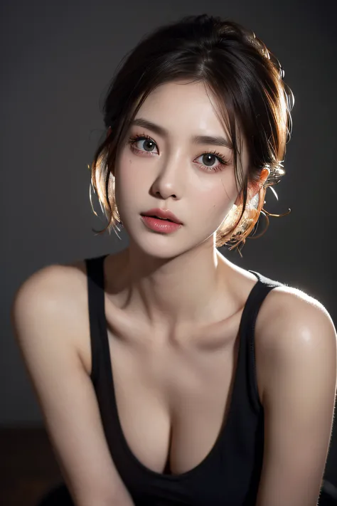 Skin Tight Black Top:1.2, Looking at Viewer, Cinematic lighting, Perfect, softlight, High resolution skin:1.2, Realistic skin texture,30 years old mature woman、 Realistic face, off shoulders, Exposed cleavage,natural make up、 Detailed red eyes、 Short hair,...