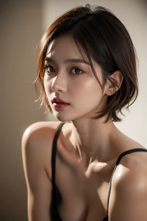 30 years old mature woman、Small face、Skin Tight Black Top:1.2, Looking at Viewer, Cinematic lighting, Perfect, softlight, High resolution skin:1.2, Realistic skin texture, Realistic face, off shoulders,Bust B Cup、 Exposed cleavage, Red Eyes, Short hair, da...