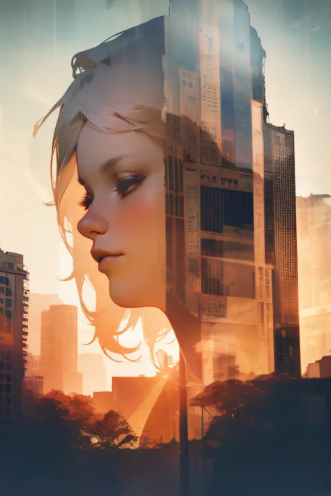 a praying girl, city in ruins, double contact，double exposure photography effect，