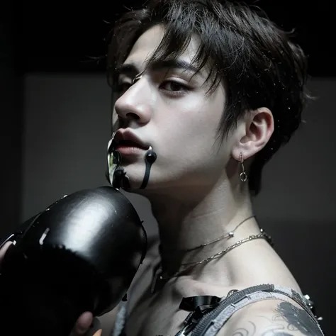 homem com uma luva de boxe, Cai Xukun, Bangchan, inspirado em Kim Deuk-sin, TaeJune Kim, inspirado em Joong Keun Lee, inspirado em Gang Se-hwang, foto de retrato, androgynous face, portrait of kpop idol, menacing stare, brilhante da chuva, androgynous pers...