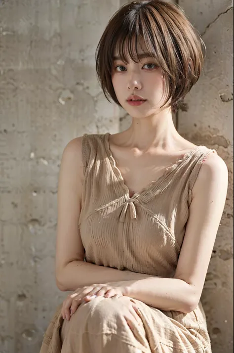 Woman in her early 30s、short-hair、dark brown  hair、simple background、Top image quality