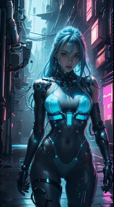 bikini of ,Girl in a swimsuit，dress up sexy，future techwear，Mechanical prosthesis，Mechanical skeleton，  natta， An abandoned cyberpunk city， Neon Billboard， Better image quality， Maximum clarity and clarity， Ultra-realistic realism， high detal， Afophialism，...