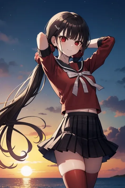 makiharukawa, harukawa maki, long hair, bangs, brown hair, black hair, hair ornament, (red eyes:1.5), twintails, very long hair, hairclip, blunt bangs, mole under eye, low twintails, scrunchie, hair scrunchie, red scrunchie, (small breast:1.2), BREAK skirt...