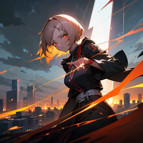 1 japanese girl, War Frame, complex pattern, heavy metal, energy line, Faceless, Glowing eyes, Elegant, Formidable, Blood red and black uniform, Solo, Modern, city, A city scape, dark clouds, thunderstorm, Heavy rain,, Dramatic Lighting,, (masutepiece:1.2)...