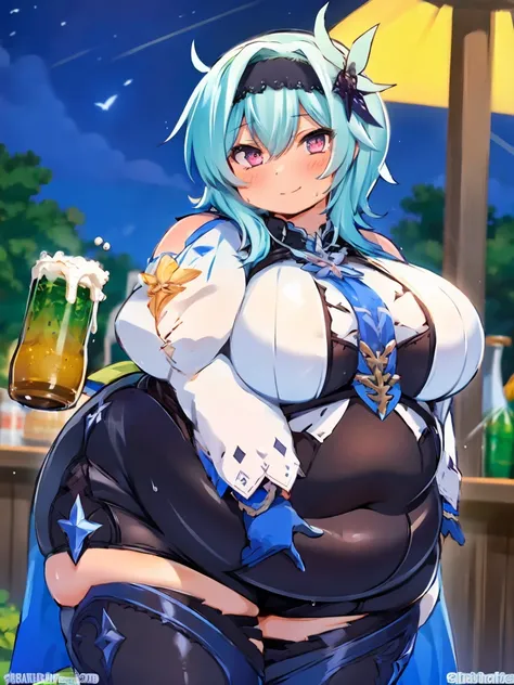 fat eula, 1girl, blue hair, short hair, black thighhighs, thick thighs, fat arms, fat body, hairband, bangs, symmetry eyes, clos...