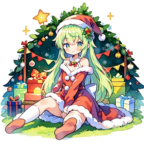 (Cute illustration:1.1)、(watercolor paiting:1.2)、(vibrant glow:1.2)、striking contrast、Beautifully detailed、Best Quality、Extremely detailed, , Anime,christmas night、reddish、verdant、illuminations、Santa Clothes、、Holly、Christmas cake、stele、white Christmas、Chri...