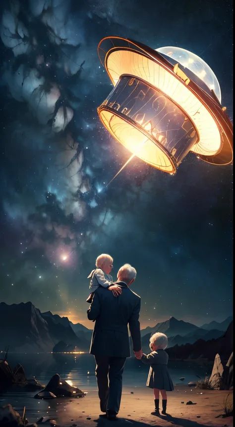 ＵＦＯA beautiful and friendly child and old man who show strong admiration and deep respect for,An old man carries a child on his shoulders、Child reaches for small UFO,Very fantastic,The starry sky is fantastic,