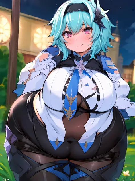 fat eula, 1girl, blue hair, short hair, black thighhighs, fat thick thighs, fat body, fat arms, hairband, bangs, symmetry eyes, closed bar, drinking beer, green beer, night, detailed face, medium breasts, (looking at viewer:1.2), black kneehighs, fat butt,...