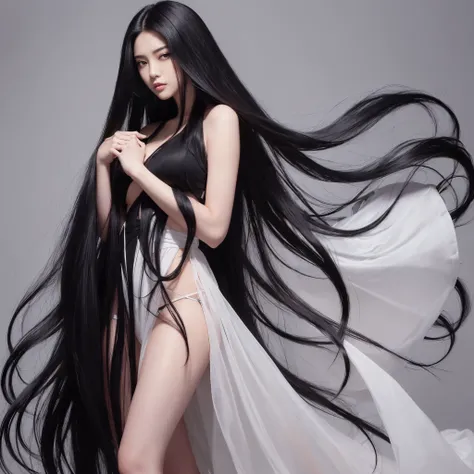 (Top image quality、top-quality、Top resolution、hyper realistic photography、Full body photo、​masterpiece、16ｋ、）1girl in、Surprisingly long black hair is super beautiful、hair length about 3 meters、White underwear or naked、Hide the whole body with straight black...